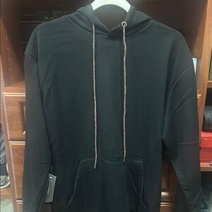 Black Oversized Long Sleeve Hoodie with Pink Crystal Drawstring